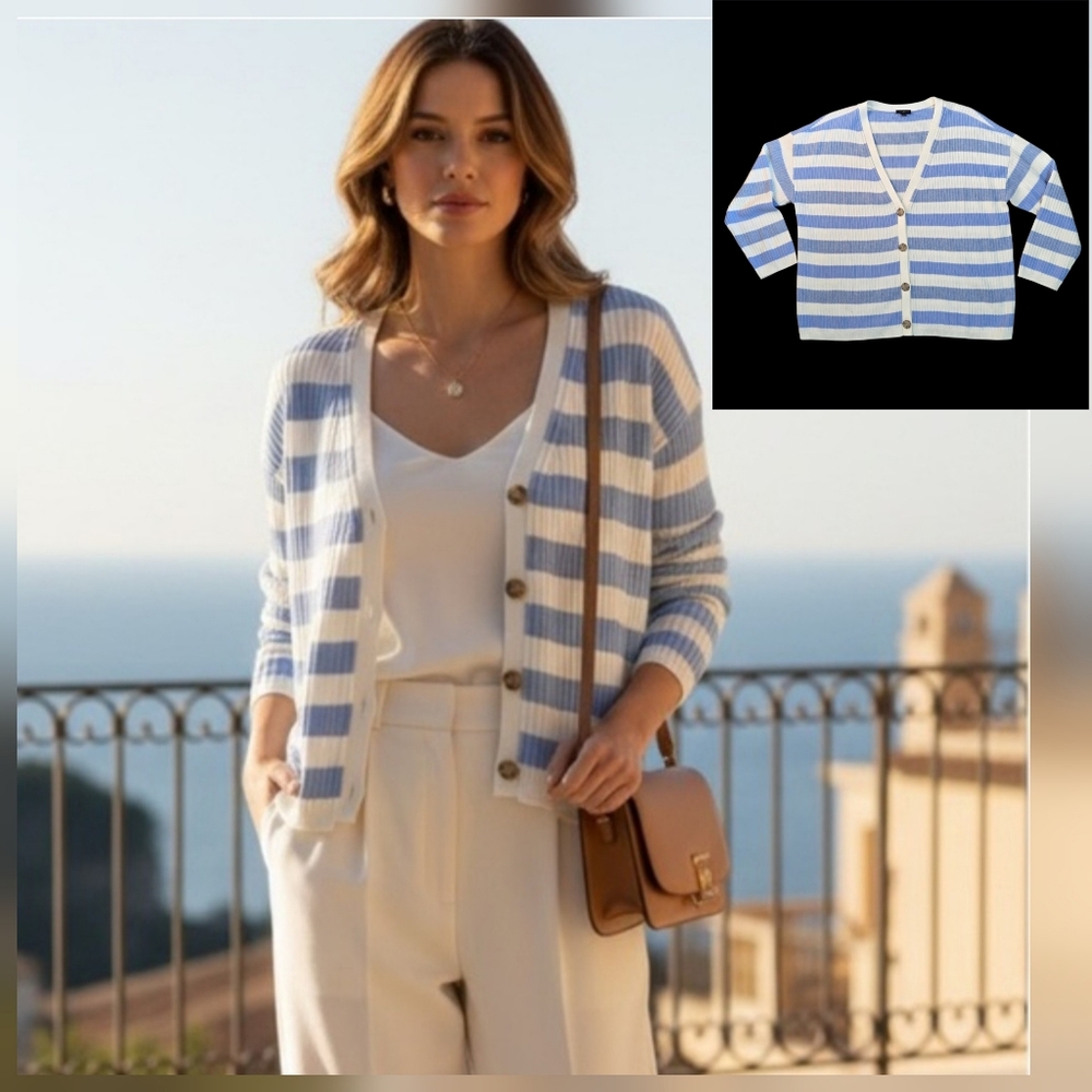 Talbots Cardigan Sweater Baby Blue White Stripe Light Knit Beachy Preppy 1X NWOT
